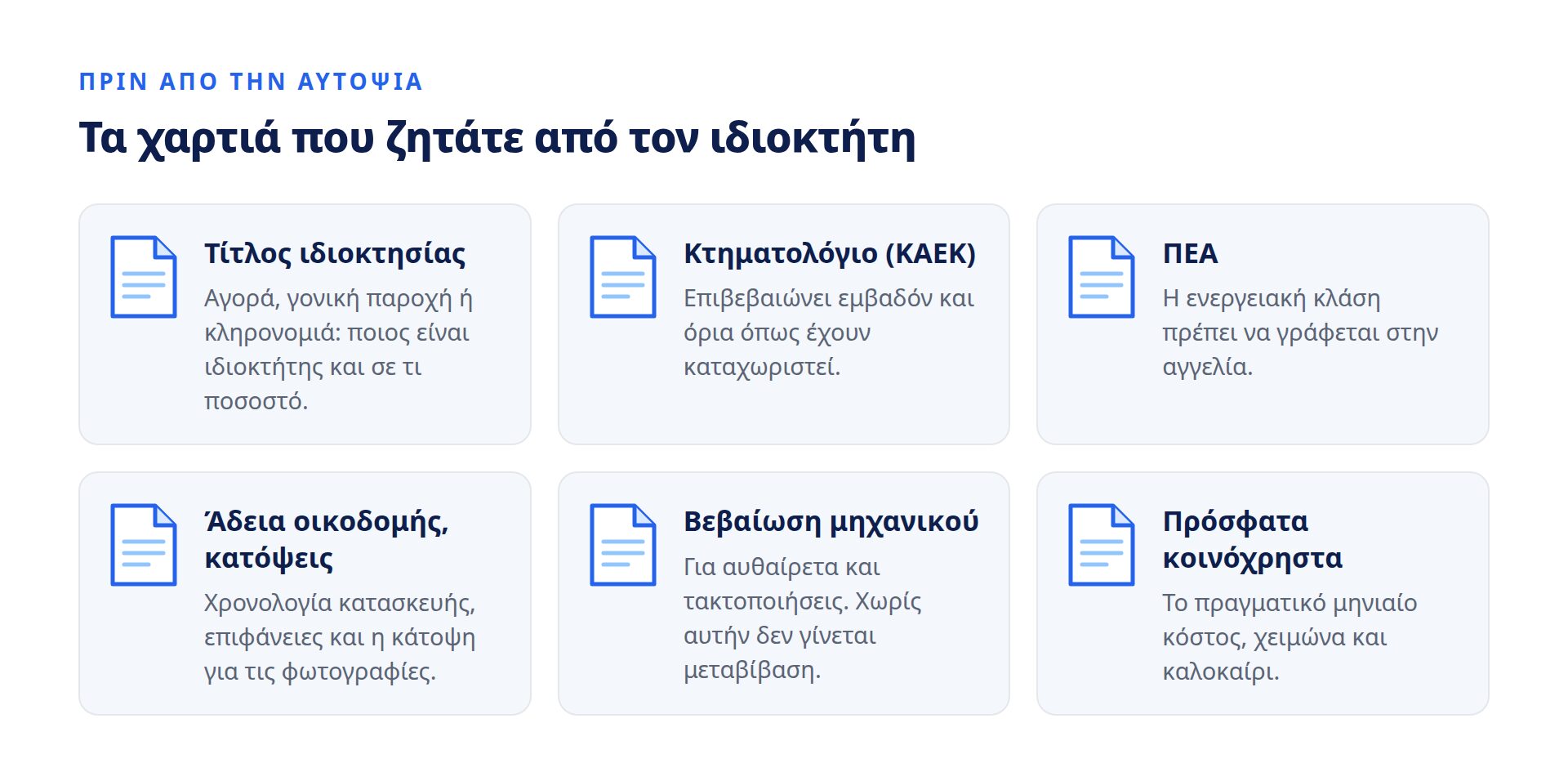 Έξι έγγραφα που ζητάτε από τον ιδιοκτήτη: τίτλος ιδιοκτησίας, Κτηματολόγιο (ΚΑΕΚ), ΠΕΑ, άδεια οικοδομής και κατόψεις, βεβαίωση μηχανικού, πρόσφατα κοινόχρηστα
